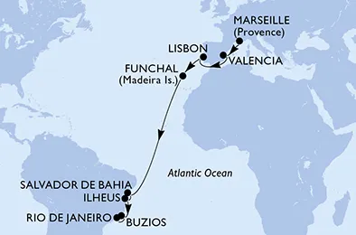 Route 16 Nächte Positionierungsfahrten ab Marseille bis Rio De Janeiro