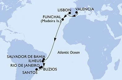 Route 16 Nächte Positionierungsfahrten ab Valencia bis Santos