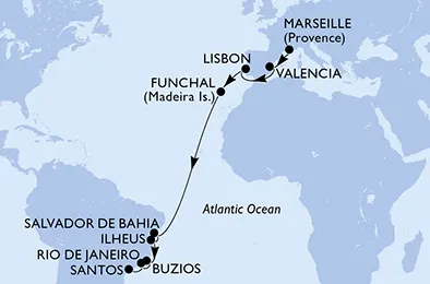 Route 17 Nächte Positionierungsfahrten ab Marseille bis Santos