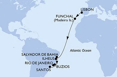Route 14 Nächte Positionierungsfahrten ab Lissabon bis Santos