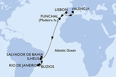 Route 15 Nächte Positionierungsfahrten ab Valencia bis Rio De Janeiro