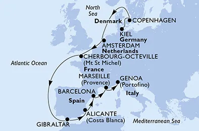 Route 12 Nächte Nordeuropa ab Kiel bis Genua