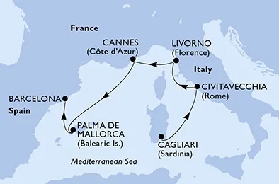 Route 6 Nächte Mittelmeer ab Cagliari bis Barcelona