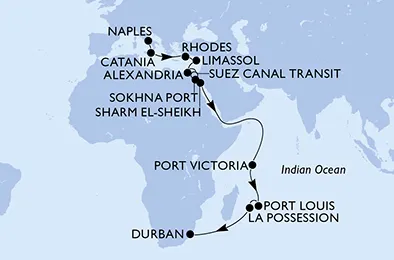 Route 25 Nächte Positionierungsfahrten ab Neapel bis Durban