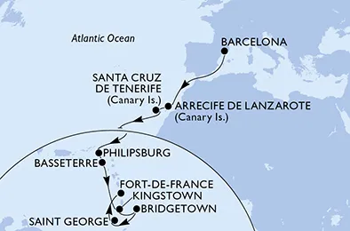 Route 17 Nächte Positionierungsfahrten ab Barcelona bis Fort De France