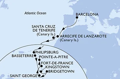 Route 18 Nächte Positionierungsfahrten ab Barcelona bis Pointe A Pitre