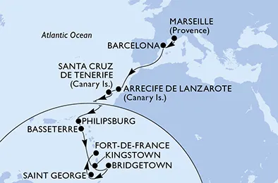 Route 18 Nächte Positionierungsfahrten ab Marseille bis Fort De France