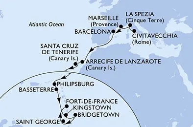 Route 20 Nächte Positionierungsfahrten ab Civitavecchia (Rom) bis Fort De France