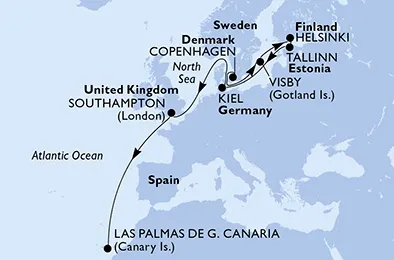 Route 13 Nächte Kanaren ab Kopenhagen bis Las Palmas/Gran Canaria