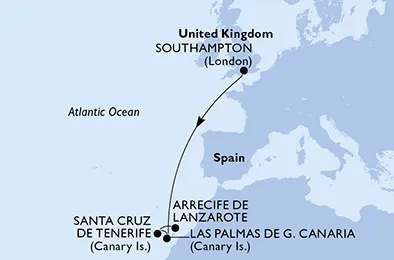 Route 6 Nächte Kanaren ab Southampton bis Arrecife/Lanzarote