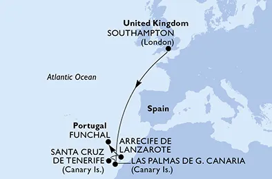 Route 7 Nächte Kanaren ab Southampton bis Madeira (Funchal)