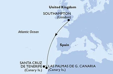 Route 5 Nächte Kanaren ab Southampton bis Santa Cruz De Tenerife