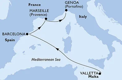 Route 4 Nächte Mittelmeer ab Valletta bis Genua