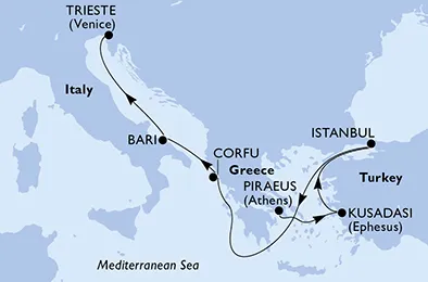 Route 6 Nächte Mittelmeer ab Piräus (Athen) bis Triest