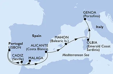 Route 7 Nächte Mittelmeer ab Malaga bis Genua