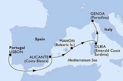 Route 5 Nächte Mittelmeer ab Lissabon bis Genua