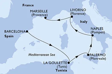 Route 6 Nächte Mittelmeer ab Barcelona bis Marseille