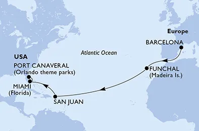Route 14 Nächte Positionierungsfahrten ab Barcelona bis Port Canaveral