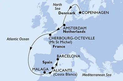 Route 9 Nächte Nordeuropa ab Kopenhagen bis Barcelona