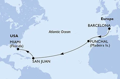 Route 13 Nächte Positionierungsfahrten ab Barcelona bis Miami