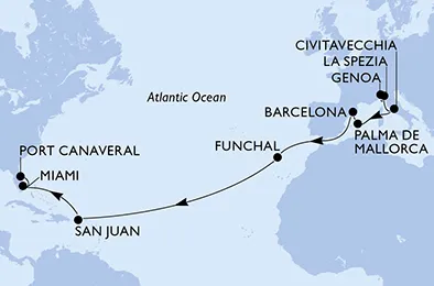 Route 19 Nächte Positionierungsfahrten ab Genua bis Port Canaveral