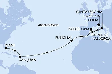 Route 18 Nächte Positionierungsfahrten ab Genua bis Miami