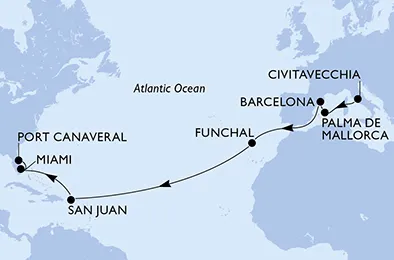 Route 17 Nächte Positionierungsfahrten ab Civitavecchia (Rom) bis Port Canaveral