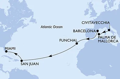 Route 16 Nächte Positionierungsfahrten ab Civitavecchia (Rom) bis Miami