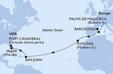 Route 15 Nächte Positionierungsfahrten ab Palma de Mallorca bis Port Canaveral