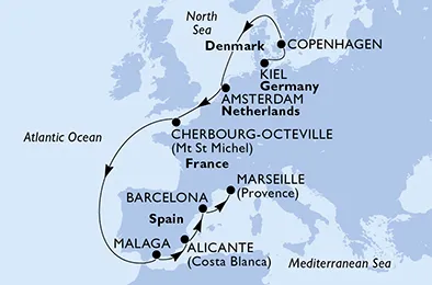 Route 11 Nächte Nordeuropa ab Kiel bis Marseille
