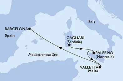 Route 4 Nächte Mittelmeer ab Cagliari bis Barcelona