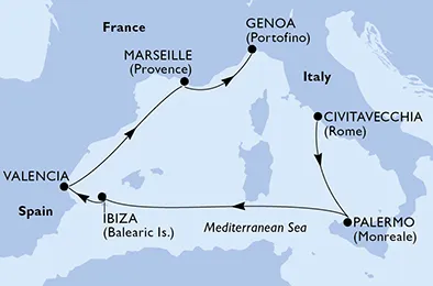 Route 6 Nächte Mittelmeer ab Civitavecchia (Rom) bis Genua