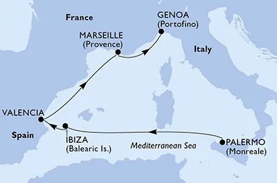 Route 5 Nächte Mittelmeer ab Sizilien/Palermo bis Genua