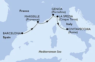 Route 4 Nächte Mittelmeer ab Barcelona bis Civitavecchia (Rom)