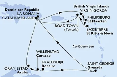 Route 14 Nächte Karibik ab La Romana/Dom. Republik bis Auf See