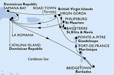 Route 14 Nächte Karibik ab La Romana/Dom. Republik bis Isla Catalina