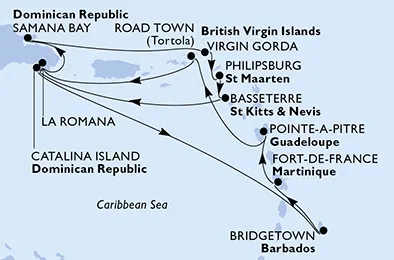Route 14 Nächte Karibik ab La Romana/Dom. Republik bis Isla Catalina
