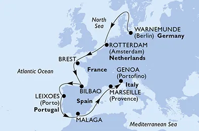 Route 12 Nächte Nordeuropa ab Warnemünde bis Genua