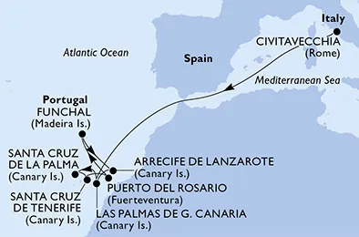 Route 11 Nächte Kanaren ab Civitavecchia (Rom) bis Las Palmas/Gran Canaria