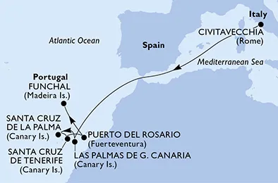 Route 8 Nächte Kanaren ab Civitavecchia (Rom) bis Madeira (Funchal)