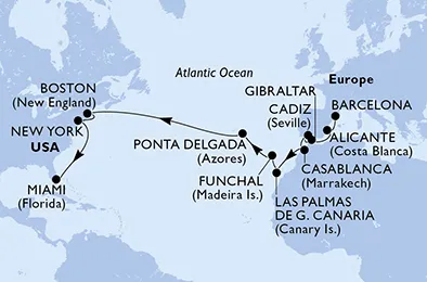 Route 22 Nächte Positionierungsfahrten ab Barcelona bis Miami