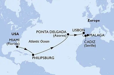 Route 14 Nächte Positionierungsfahrten ab Miami bis Malaga