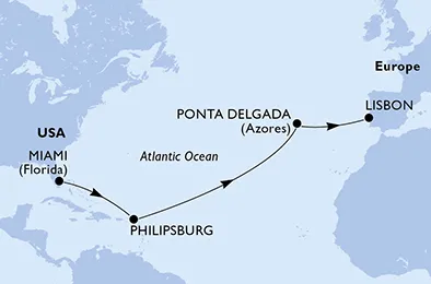 Route 12 Nächte Positionierungsfahrten ab Miami bis Lissabon