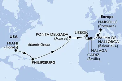 Route 16 Nächte Positionierungsfahrten ab Miami bis Marseille