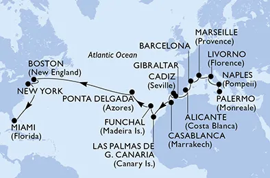 Route 26 Nächte Positionierungsfahrten ab Sizilien/Palermo bis Miami