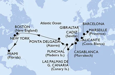 Route 23 Nächte Positionierungsfahrten ab Marseille bis Miami