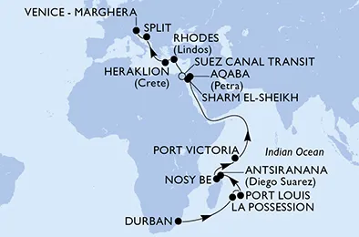 Route 26 Nächte Positionierungsfahrten ab Durban bis Venedig