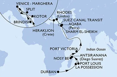 Route 31 Nächte Positionierungsfahrten ab Durban bis Venedig