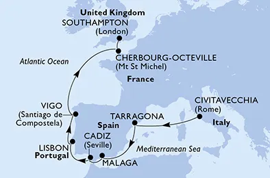 Route 11 Nächte Nordeuropa ab Civitavecchia (Rom) bis Southampton