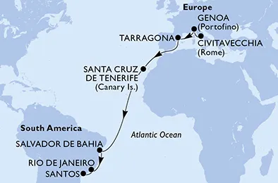 Route 17 Nächte Positionierungsfahrten ab Civitavecchia (Rom) bis Santos
